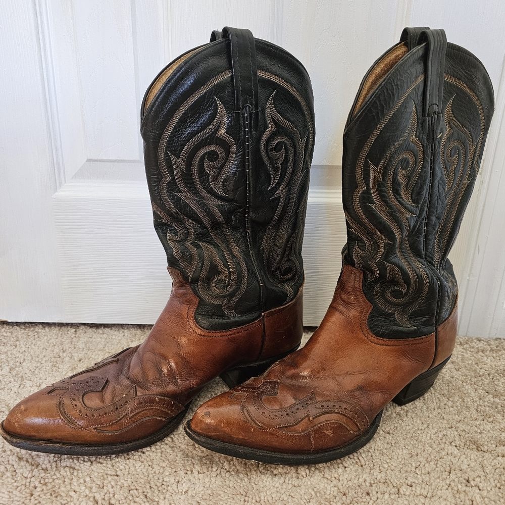 Vintage Mens Tony Lama Two Tone Black/Brown Wing Tip Boots 11D